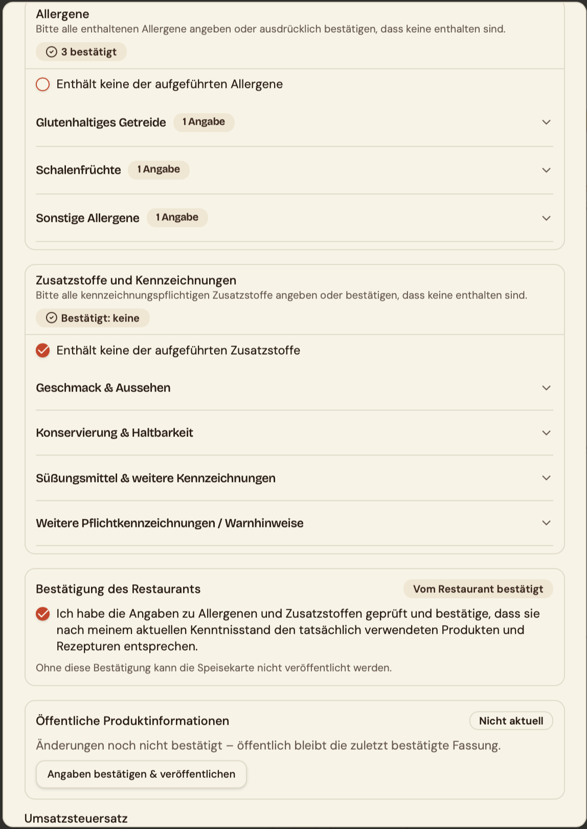 Verwaltung von Allergenen, Zusatzstoffen und öffentlichen Produktinformationen