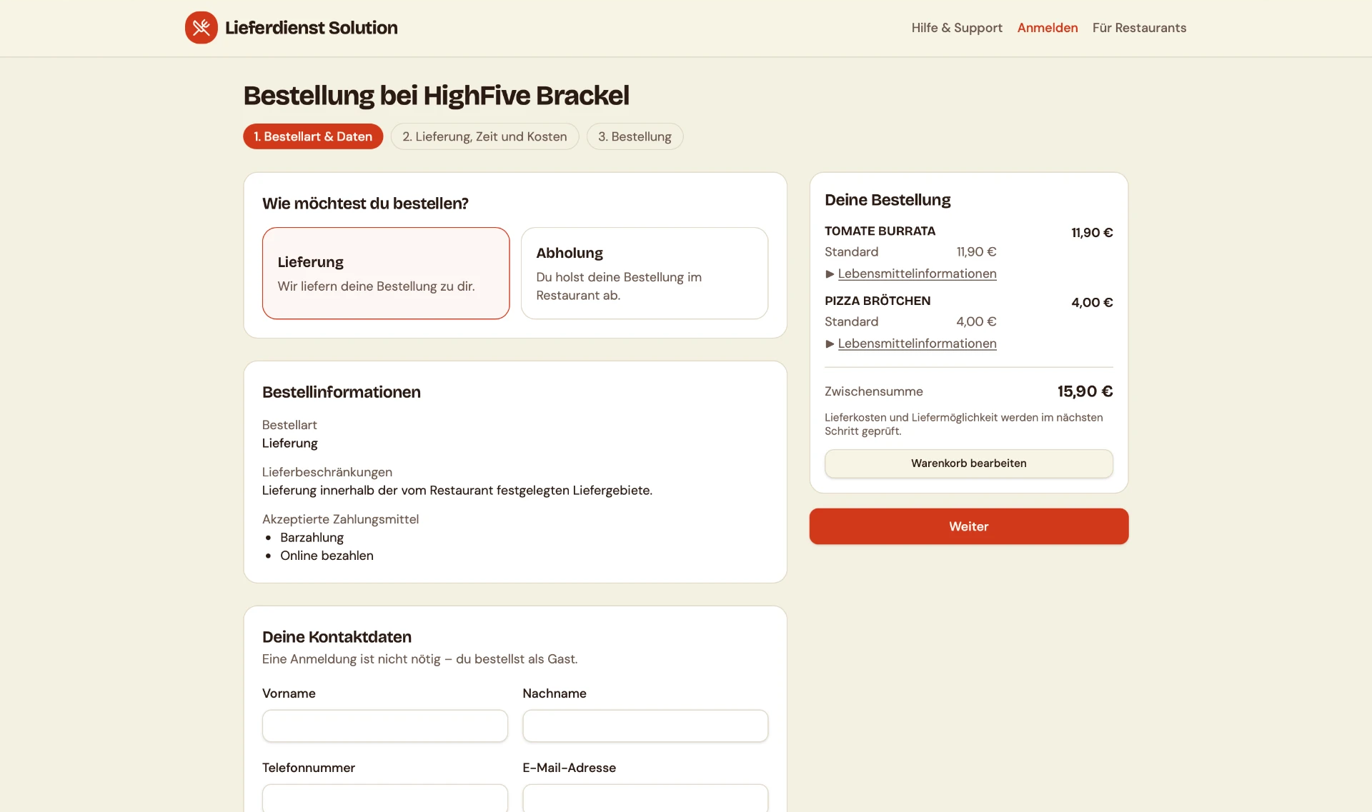 Checkout-Einstieg im Bestellshop von HighFive Brackel