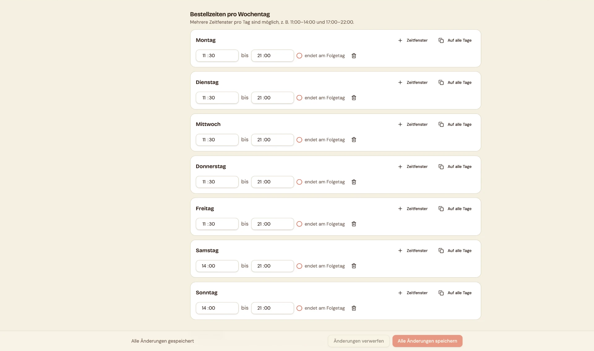 Bestellzeiten pro Wochentag im Betreiberbereich