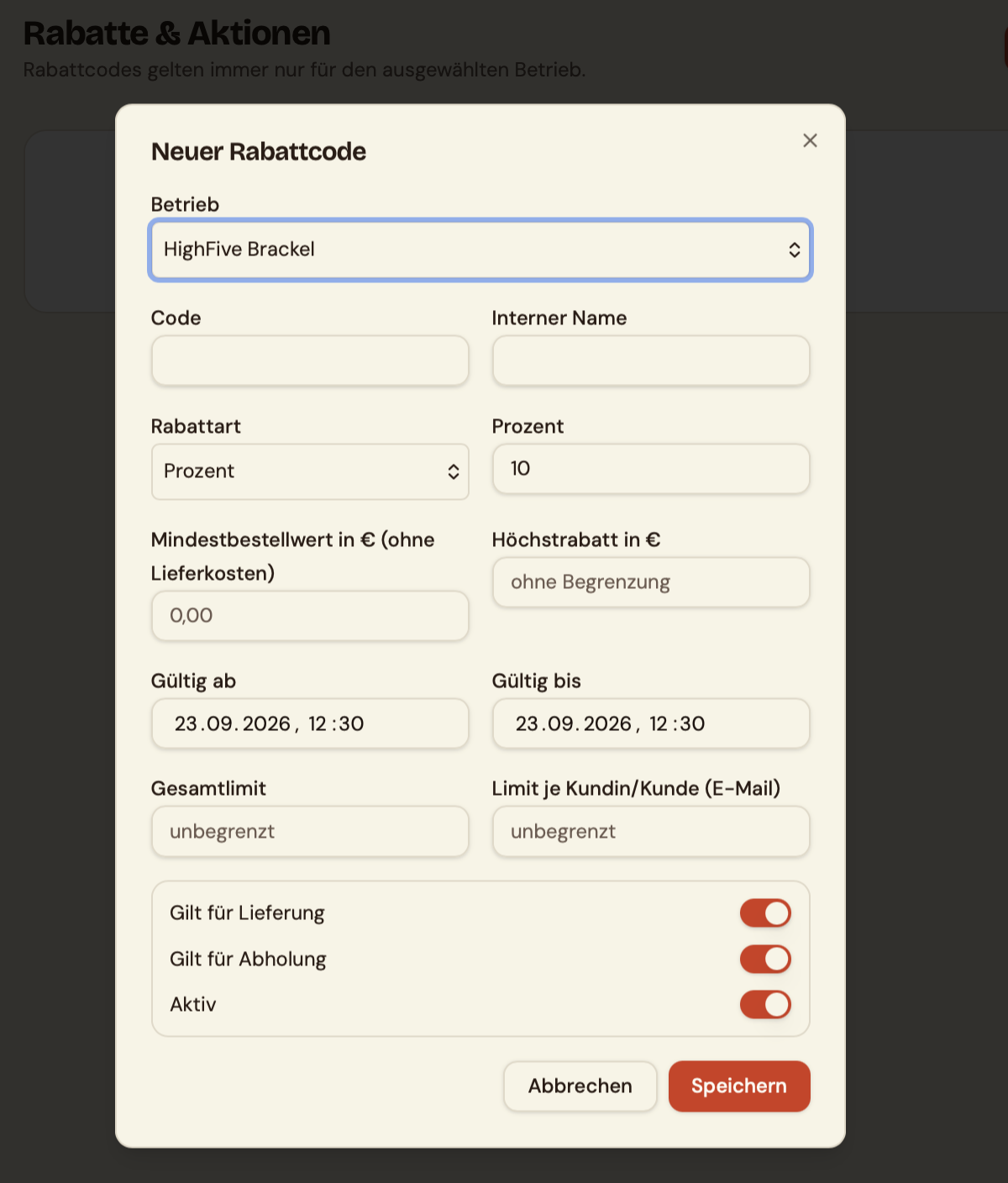 Neuen Rabattcode im Betreiberbereich anlegen