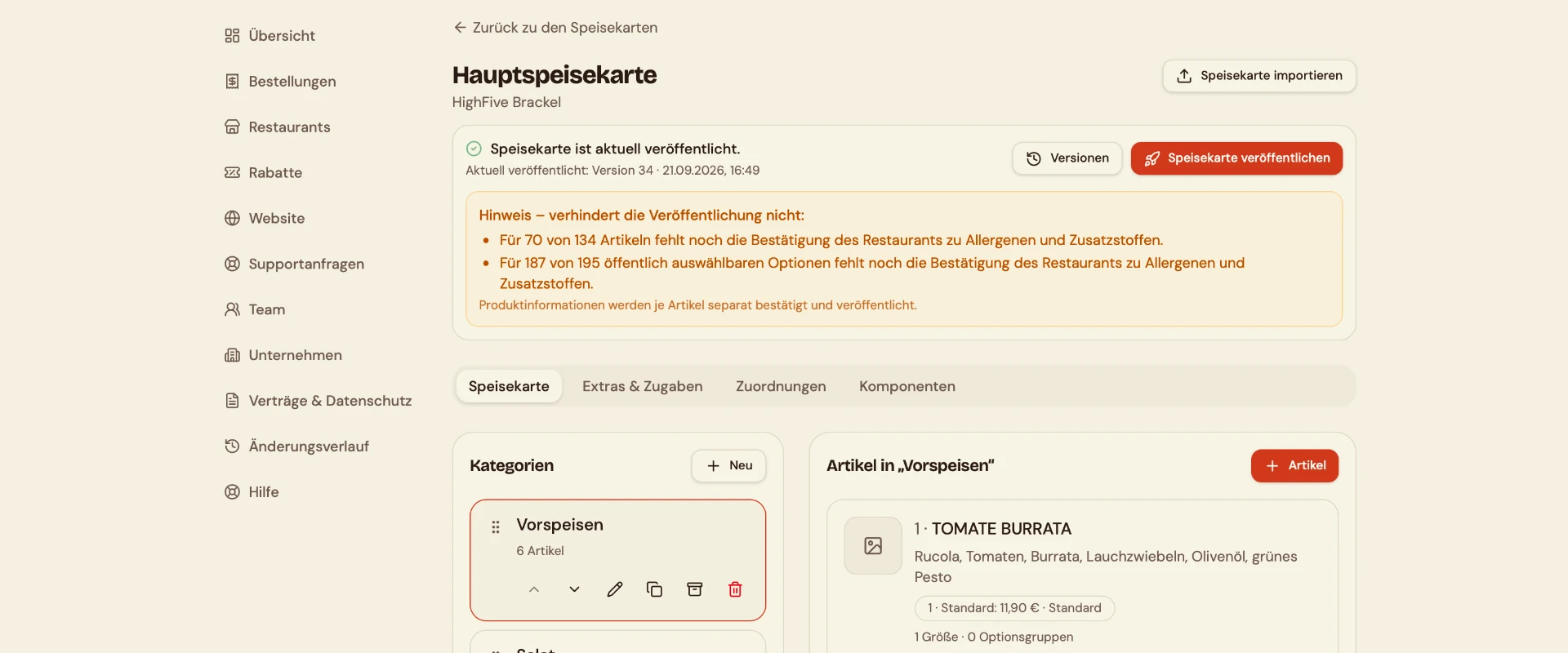 Veröffentlichungsstatus der Speisekarte mit Versionen und Veröffentlichen-Schaltfläche