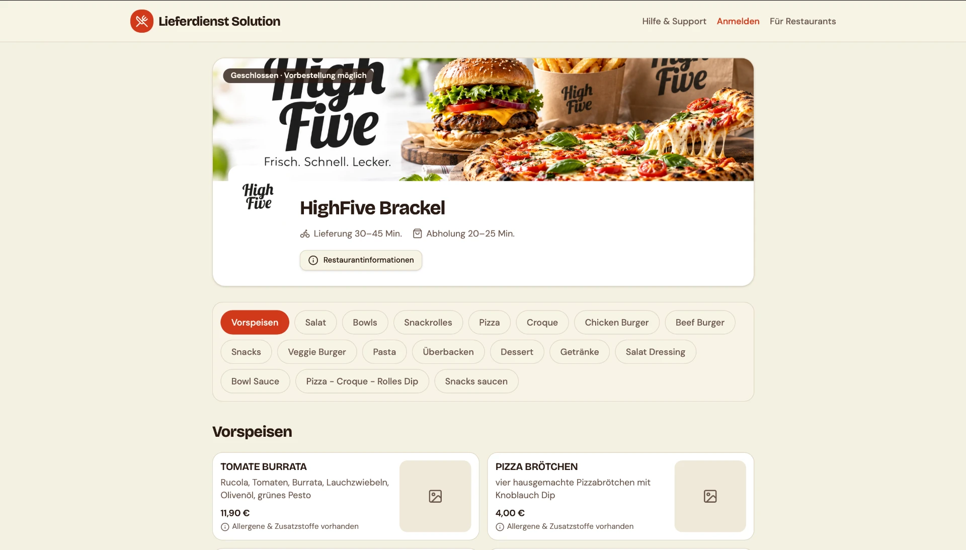 Bestellshop von Lieferdienst Solution im Browser