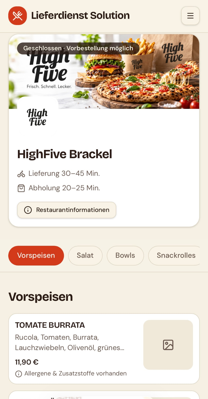 Bestellshop von Lieferdienst Solution auf dem Smartphone